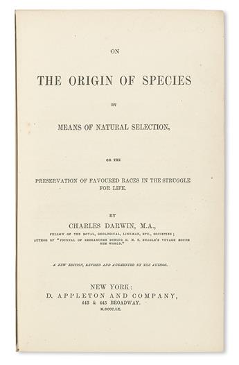 DARWIN, CHARLES. On the Origin of Species.  1860.  First American edition, fourth issue.